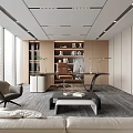 Modern Office Interior With Large Windows Bookshelves And Comfortable Sofa 3d model