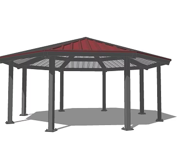 Outdoor Octagonal Garden Pavilion Featuring Red Roof And Supporting Columns 3d model
