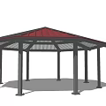 Outdoor Octagonal Garden Pavilion Featuring Red Roof And Supporting Columns