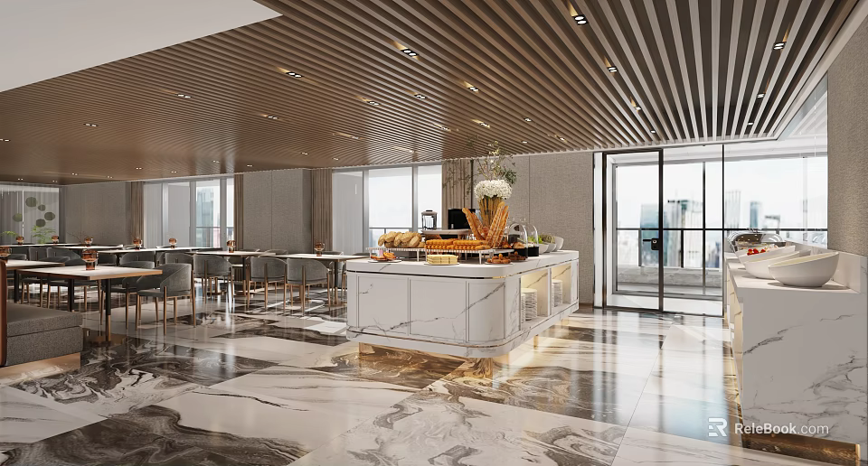 Modern Open Restaurant Interior With Marble Floor Bar Counter Pendant Lights And Large Windows 3d model 