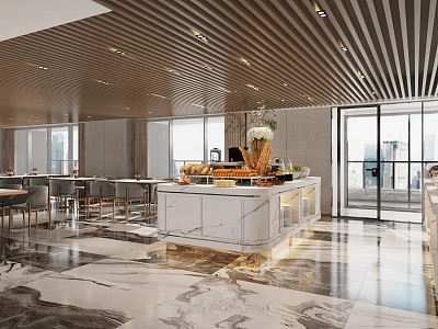 Modern Open Restaurant Interior With Marble Floor Bar Counter Pendant Lights And Large Windows 3d model