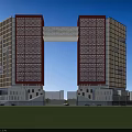 Twin Modern Office Buildings With Red Beige Facade And Connecting Glass Bridge
