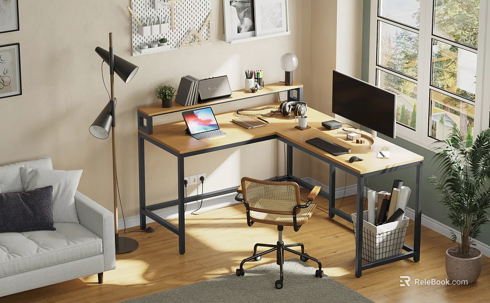 Functional Corner Desk Workspace Setup With Wooden Top Metal Frame Laptop And Natural Light 3d model 