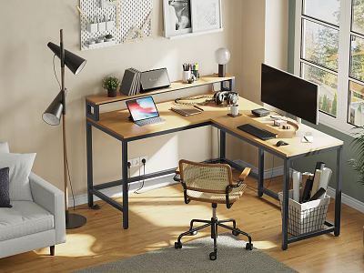 Functional Corner Desk Workspace Setup With Wooden Top Metal Frame Laptop And Natural Light 3d model