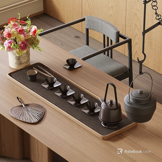 Elegant Traditional Tea Set Display On Wooden Table With Tea Tray Teapots Teacups And Flower Bouquet 3d model 