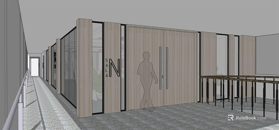 Modern Office Corridor With Glass Walls Wooden Panels Tiled Floor And Person Walking 3d model 