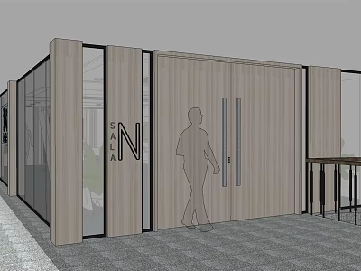 Modern Office Corridor With Glass Walls Wooden Panels Tiled Floor And Person Walking 3d model