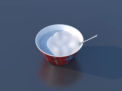 Red Patterned Ceramic Bowl Holding White Liquid Food With Silver Spoon 3d model