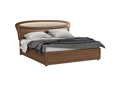 Modern Brown Wooden Double Bed With Curved Upholstered Headboard And Pillows 3d model