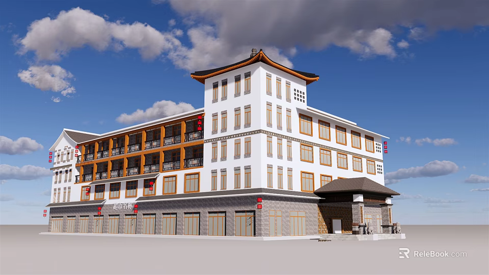 Traditional Chinese Style Hotel Building With White Exterior Multiple Floors And Curved Roof 3d model 