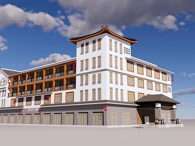 Traditional Chinese Style Hotel Building With White Exterior Multiple Floors And Curved Roof 3d model