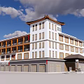 Traditional Chinese Style Hotel Building With White Exterior Multiple Floors And Curved Roof