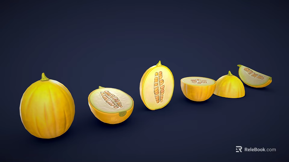 Fresh Yellow Melon Display Whole And Sliced Showing Inner Structure Against Dark Blue Background 3d model 