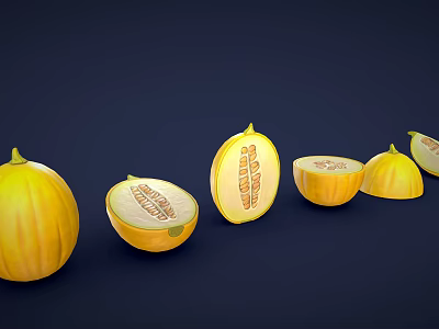 Fresh Yellow Melon Display Whole And Sliced Showing Inner Structure Against Dark Blue Background 3d model