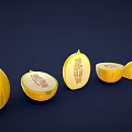 Fresh Yellow Melon Display Whole And Sliced Showing Inner Structure Against Dark Blue Background
