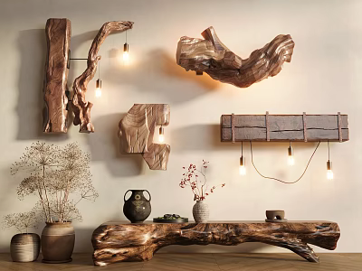 Natural Wooden Wall Lamps With Rustic Branch Design For Living Room Decor And Warm Lighting 3d model
