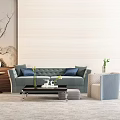 Light Gray Sofa With Blue Cushions And Black Coffee Table Set In Minimalist Living Room