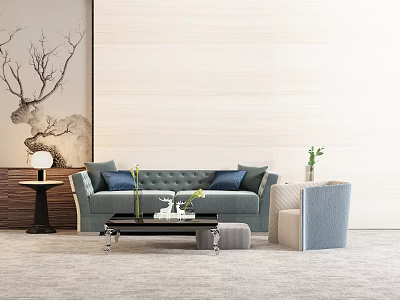 Light Gray Sofa With Blue Cushions And Black Coffee Table Set In Minimalist Living Room 3d model