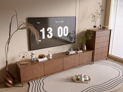 Modern Walnut TV Stand Interior With Decorative Items Books Plants And Tall Cabinet 3d model