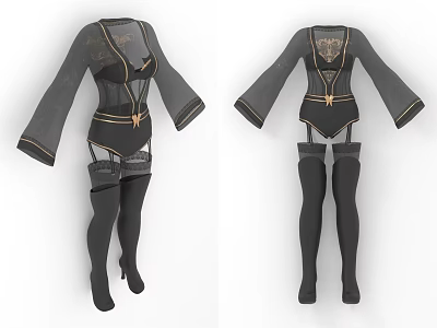 Elegant Black Outfit With Gold Accents Long Sleeves Thigh High Stockings And High Heels 3d model