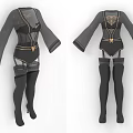 Elegant Black Outfit With Gold Accents Long Sleeves Thigh High Stockings And High Heels