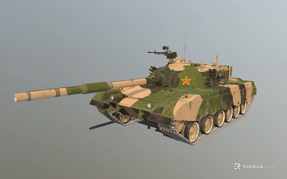 Military Armored Tank Featuring Camouflage Design Long Cannon Tracks And Star Emblem 3d model 