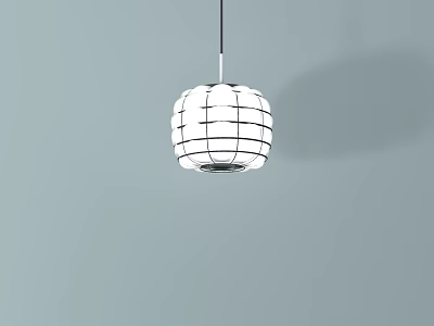 Modern White Round Pendant Light with Grid Design Hanging Against Light Blue Wall 3d model