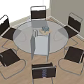 Modern Round Glass Dining Table Set With Six Metal Chairs Gray Cushions Wooden Floor