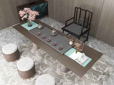 Traditional Tea Table with Chair and Round Stools Tea Set Pink Flowers on Patterned Carpet 3d model