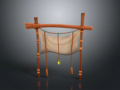 Rustic Landscape Featuring Traditional Wooden Frame With Hanging Beige Fabric And Small Lantern 3d model