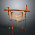 Rustic Landscape Featuring Traditional Wooden Frame With Hanging Beige Fabric And Small Lantern