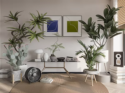 Various Bonsai Potted Plants In Indoor Decor With Tables Artwork And Greenery 3d model