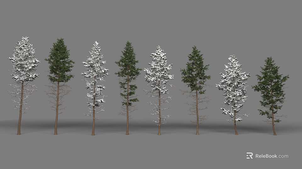 Arbor Trees With Snow Covered Foliage And Green Leaves On Brown Trunks 3d model 