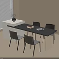 Modern Dining Table Set With Four Black Chairs White Cube Vase Fruit Platter And Magazine