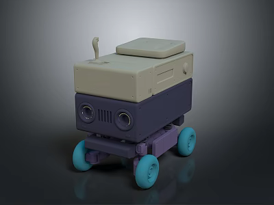 Gray And Purple Robot Character With Blue Wheels And Small Animal Creature 3d model