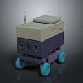 Gray And Purple Robot Character With Blue Wheels And Small Animal Creature
