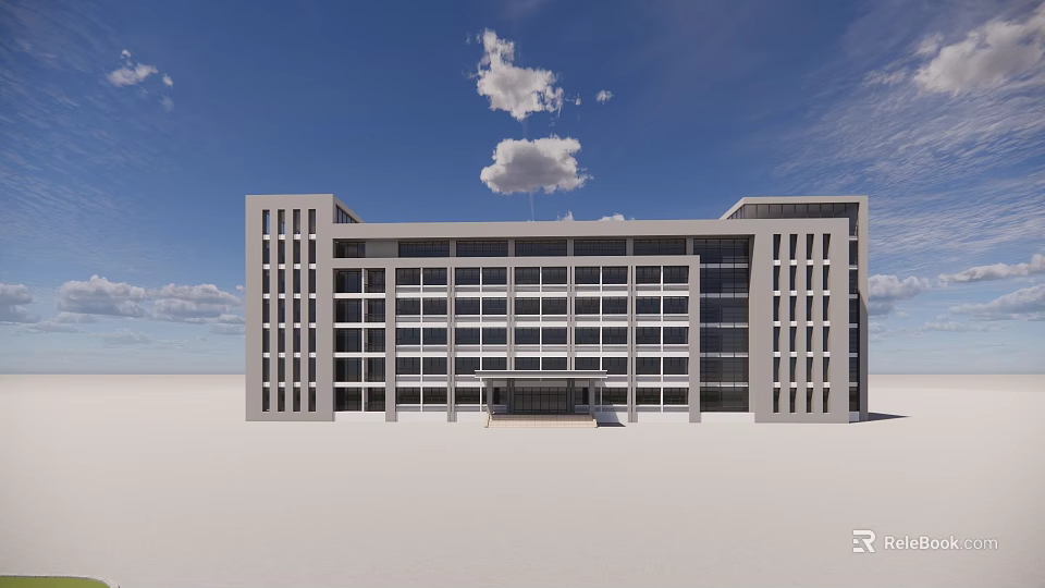 Modern Office Building Exterior Design With Large Windows Blue Sky And Clouds 3d model