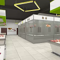 Spacious Supermarket Interior With Stocked Fruit Vegetable Shelves Hexagonal Pendant Lights And Green Pillars