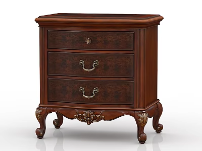 Classic Dark Wood Bedside Table With Three Drawers Metal Handles And Carved Legs 3d model