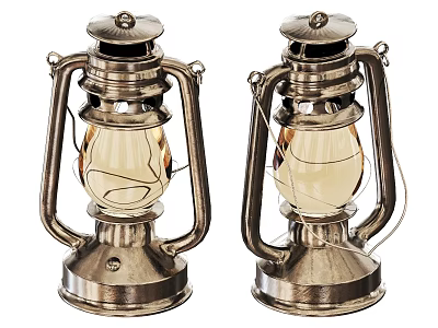 Two Vintage Kerosene Lamps With Metal Frame Glass Shade And Classic Design 3d model