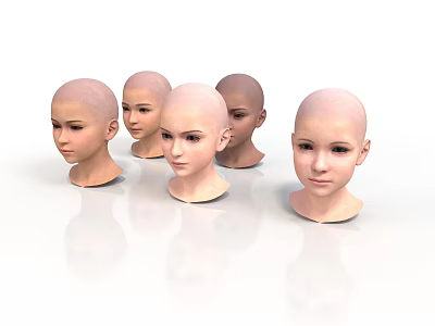 Five Bald 3D Female Head Models Displayed on White Background Surface 3d model