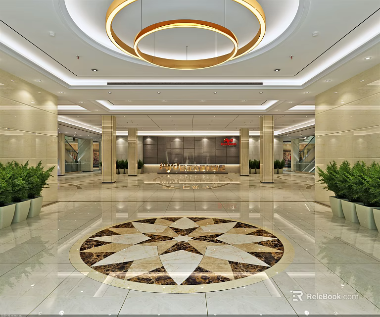 Modern Shop Front Desk Reception With Circular Ceiling Marble Star Pattern Floor And Green Plants 3d model 