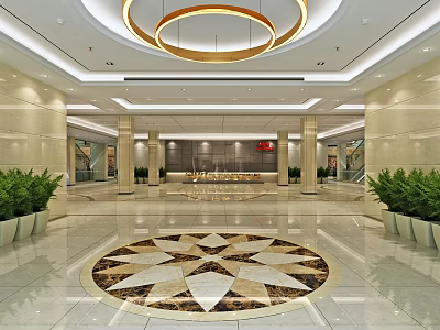 Modern Shop Front Desk Reception With Circular Ceiling Marble Star Pattern Floor And Green Plants 3d model