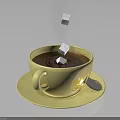 Hot Chocolate Drink In Yellow Cup With Falling Sugar Cubes And Small Spoon
