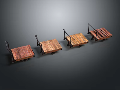 Vintage Wooden Carts With Metal Frames And Wheels Arranged In A Row 3d model