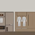 Minimalist Wooden Wardrobe Interior With Hanging White Robes Shelves And Drawers