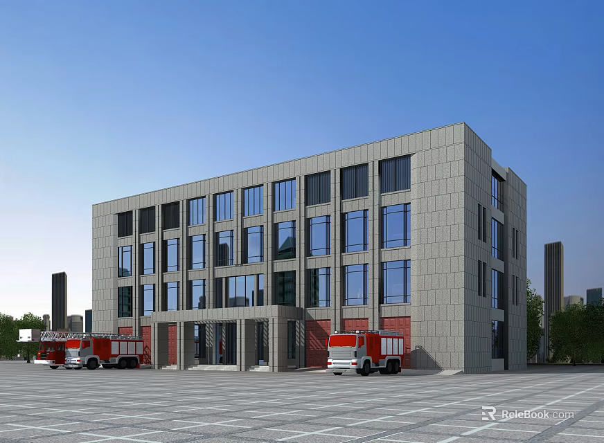 Modern Office Building With Gray Exterior Large Glass Windows Red Fire Trucks Near Open Plaza 3d model 