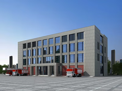 Modern Office Building With Gray Exterior Large Glass Windows Red Fire Trucks Near Open Plaza 3d model