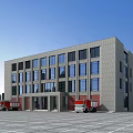 Modern Office Building With Gray Exterior Large Glass Windows Red Fire Trucks Near Open Plaza