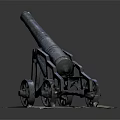 Old Fashioned Black Wheeled Cannon Weapon With Stone Base And Historical Design